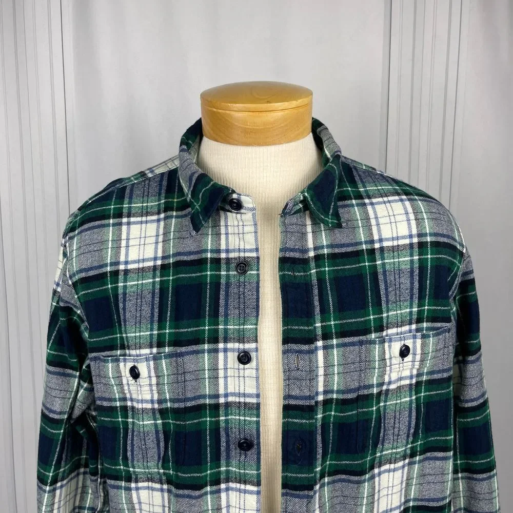 J.‎ Crew-Double Brushed Flannel Plaid Button Down Shirt-Slim Fit -Green Navy-XL